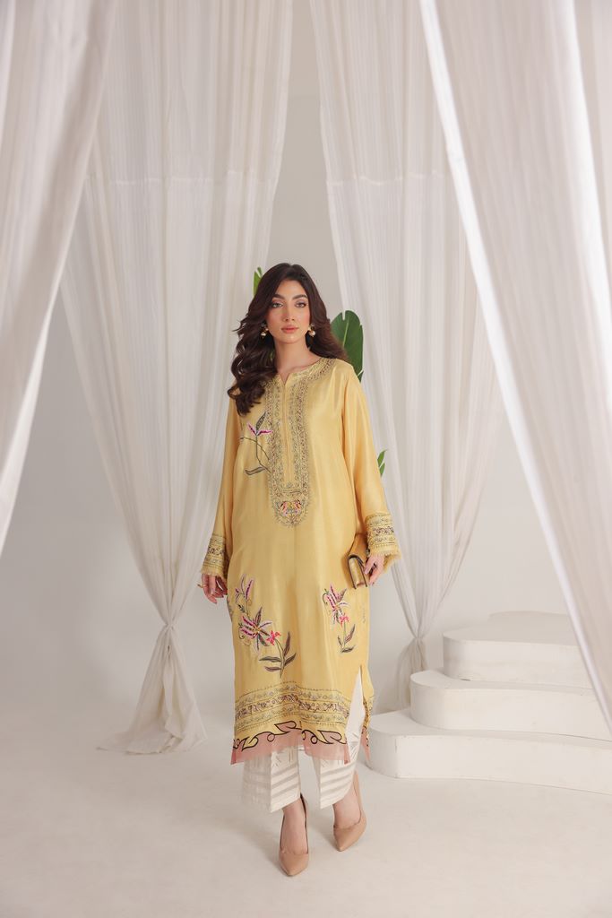 Butter Yellow Embroidered With Handwork