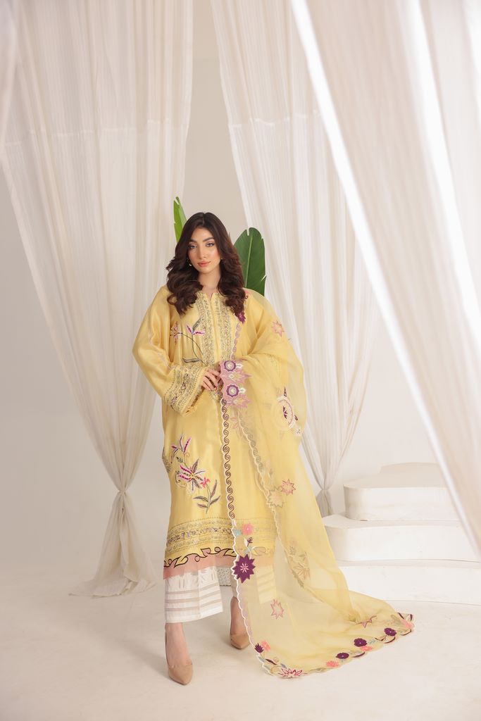 Butter Yellow Embroidered With Handwork