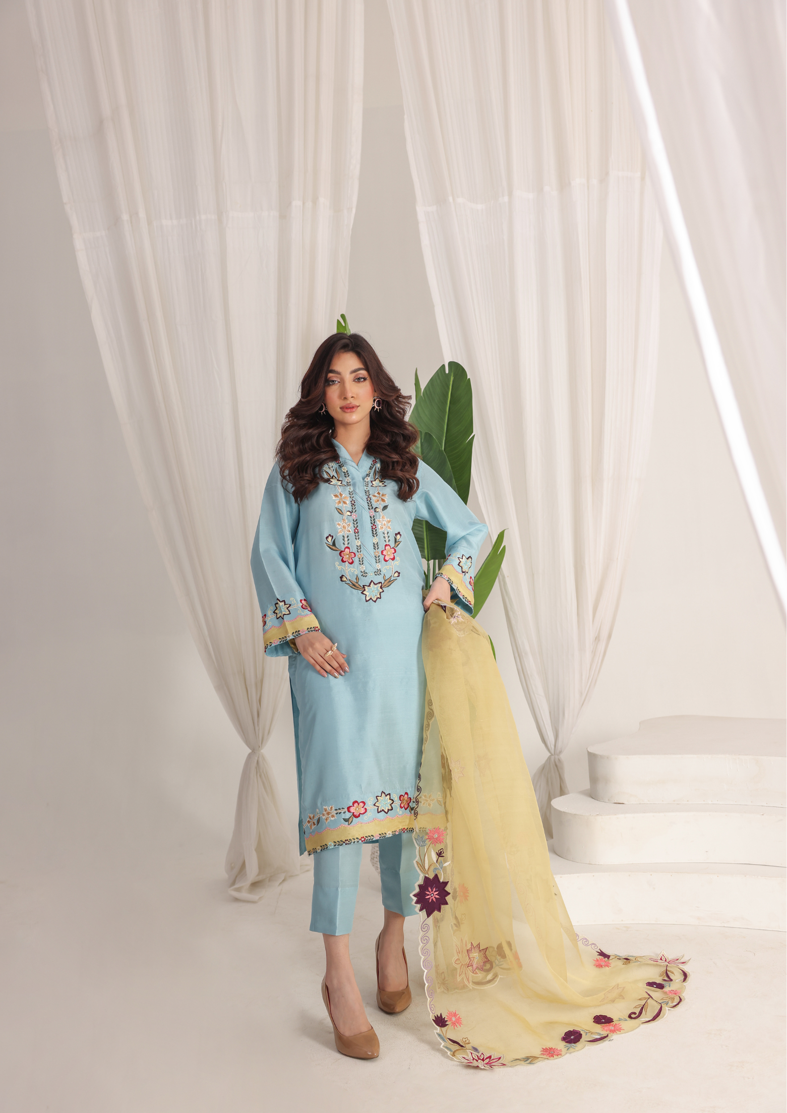 Powder Blue Embroidered Sheesha Silk with Contrast Organza Dupatta