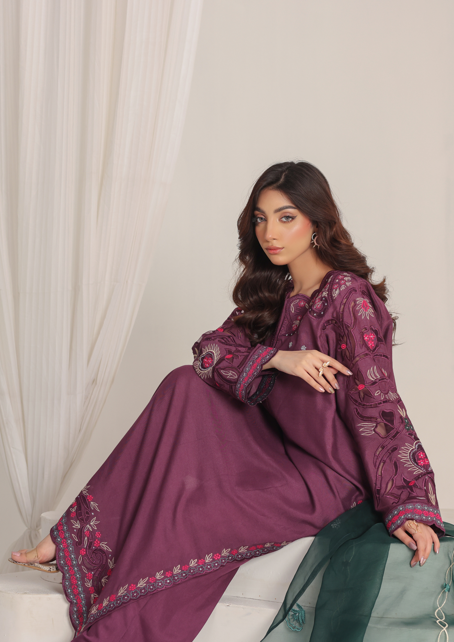 Deep Plum Embroidered Lawn Suit with Contrast Bottle Green Organza Dupatta