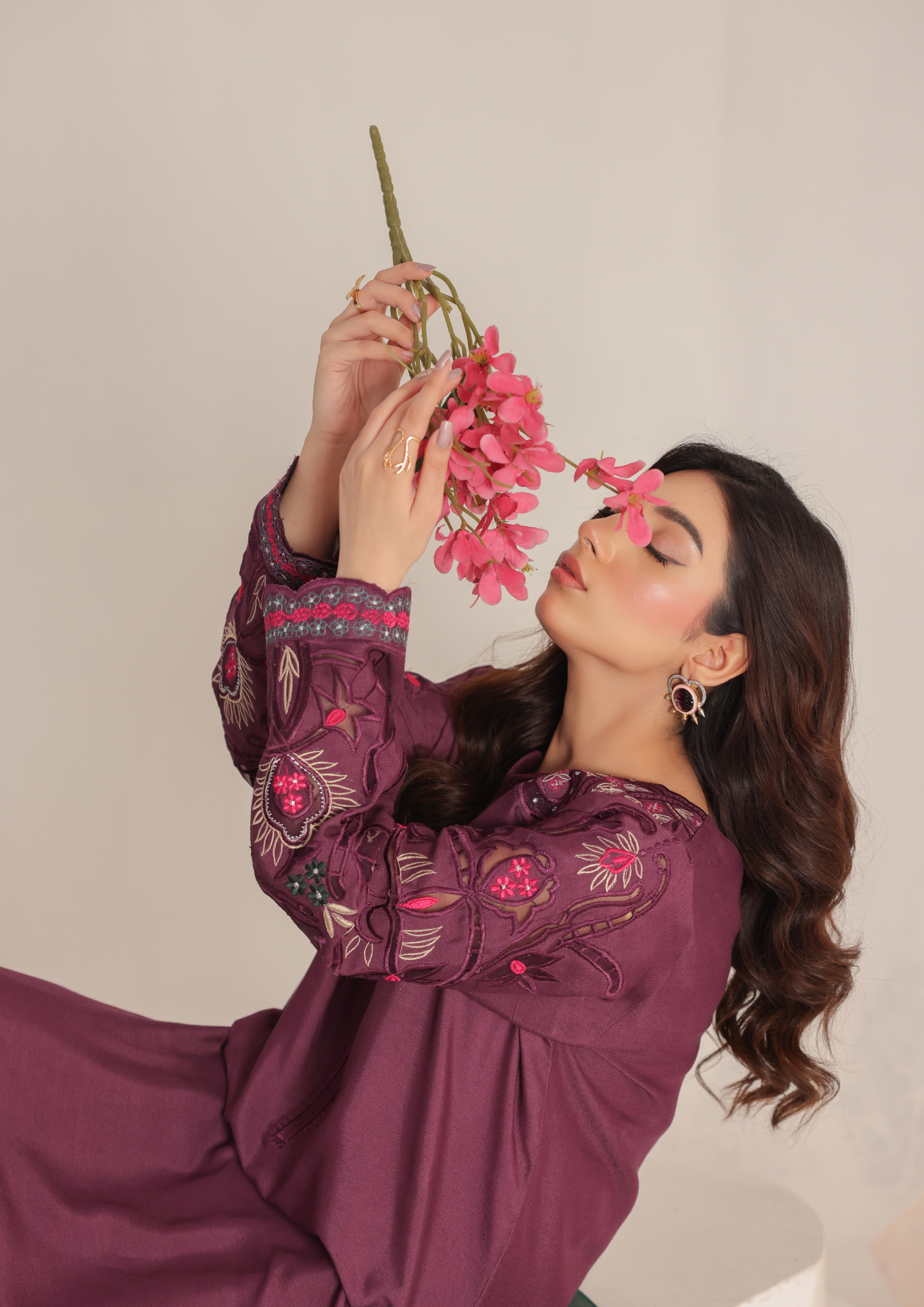 Deep Plum Embroidered Lawn Suit with Contrast Bottle Green Organza Dupatta