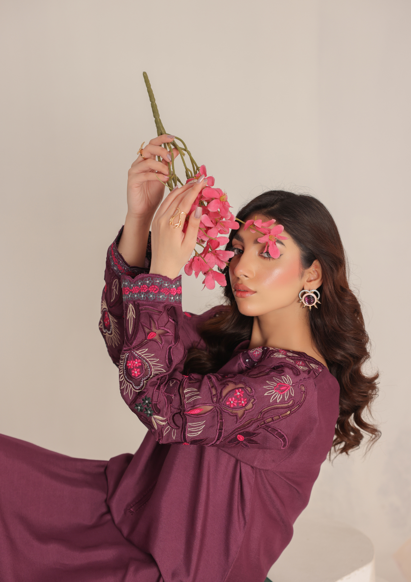Deep Plum Embroidered Lawn Suit with Contrast Bottle Green Organza Dupatta