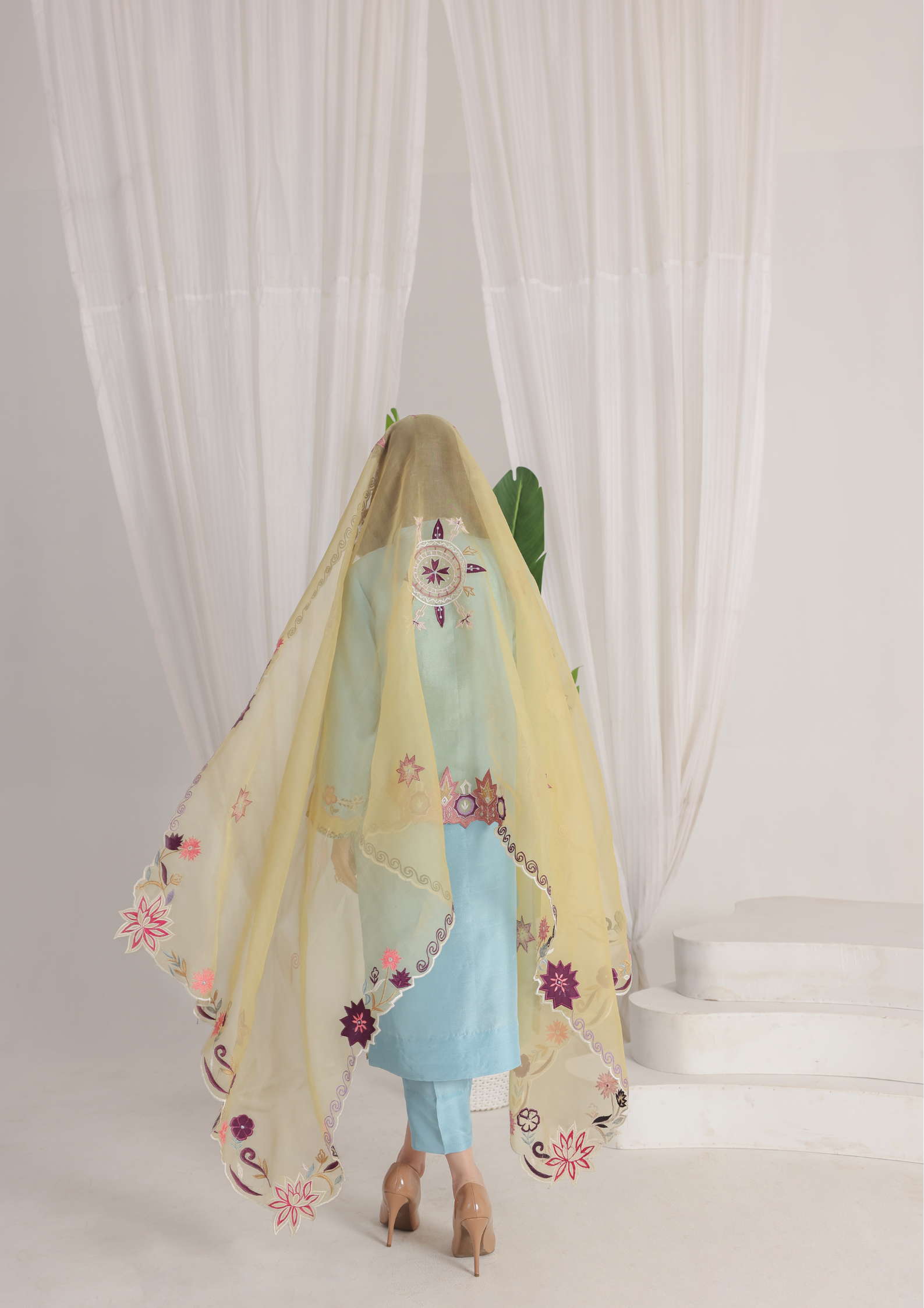 Powder Blue Embroidered Sheesha Silk with Contrast Organza Dupatta
