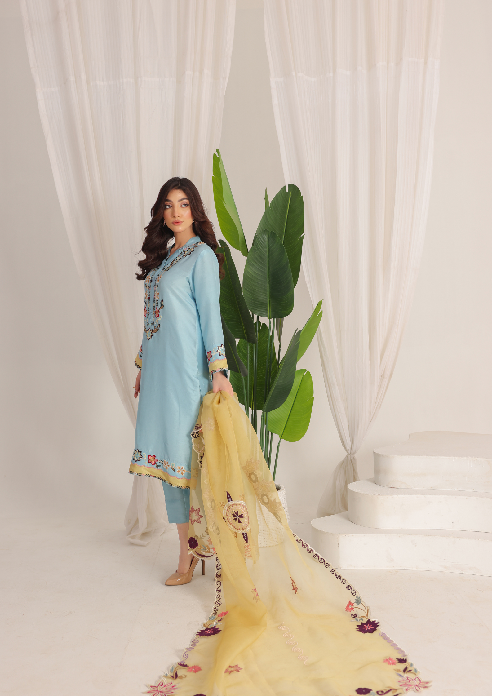 Powder Blue Embroidered Sheesha Silk with Contrast Organza Dupatta