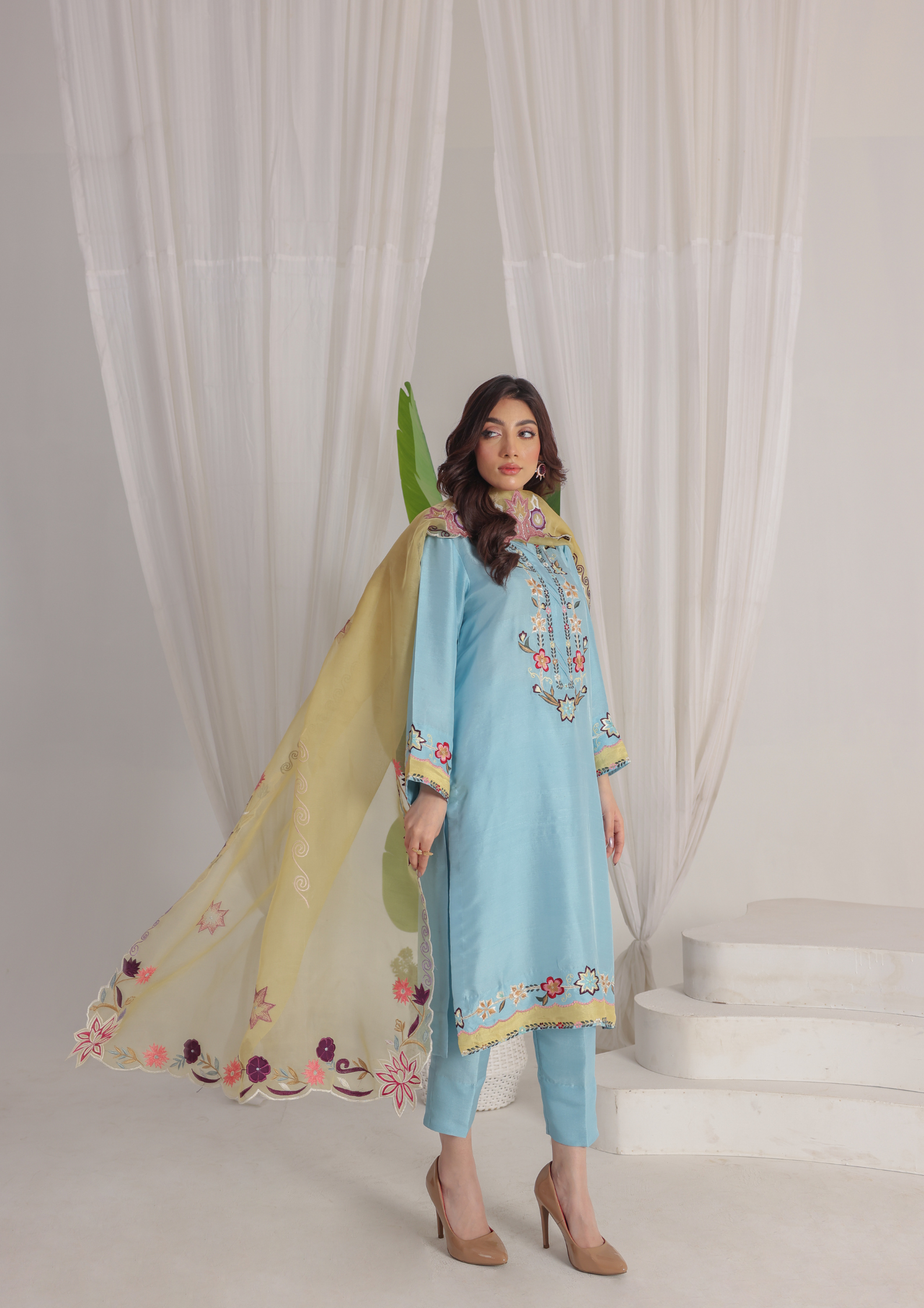 Powder Blue Embroidered Sheesha Silk with Contrast Organza Dupatta