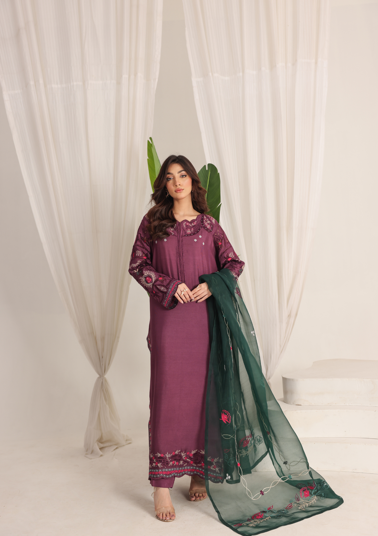 Deep Plum Embroidered Lawn Suit with Contrast Bottle Green Organza Dupatta