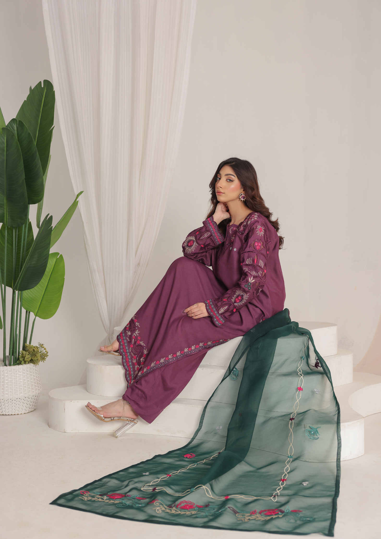 Deep Plum Embroidered Lawn Suit with Contrast Bottle Green Organza Dupatta