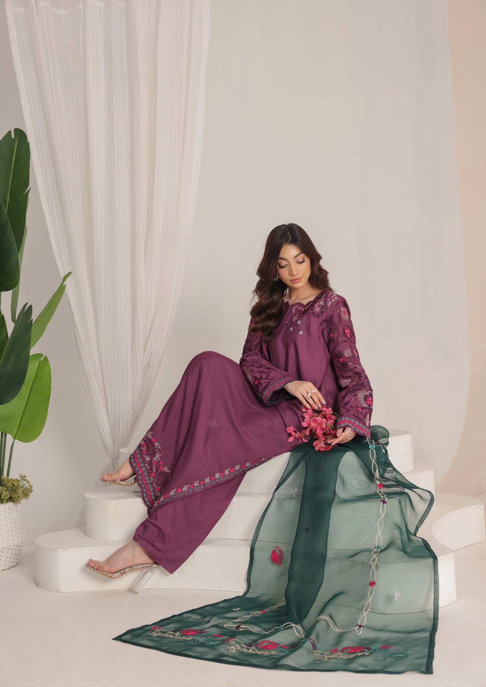 Deep Plum Embroidered Lawn Suit with Contrast Bottle Green Organza Dupatta