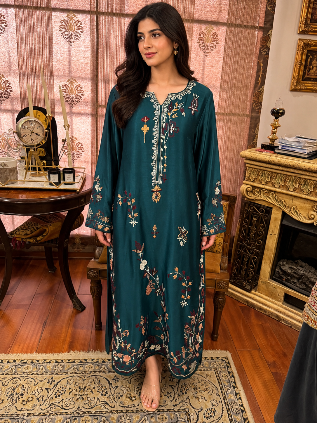 Emerald Green Embroidered Kaftan for Women