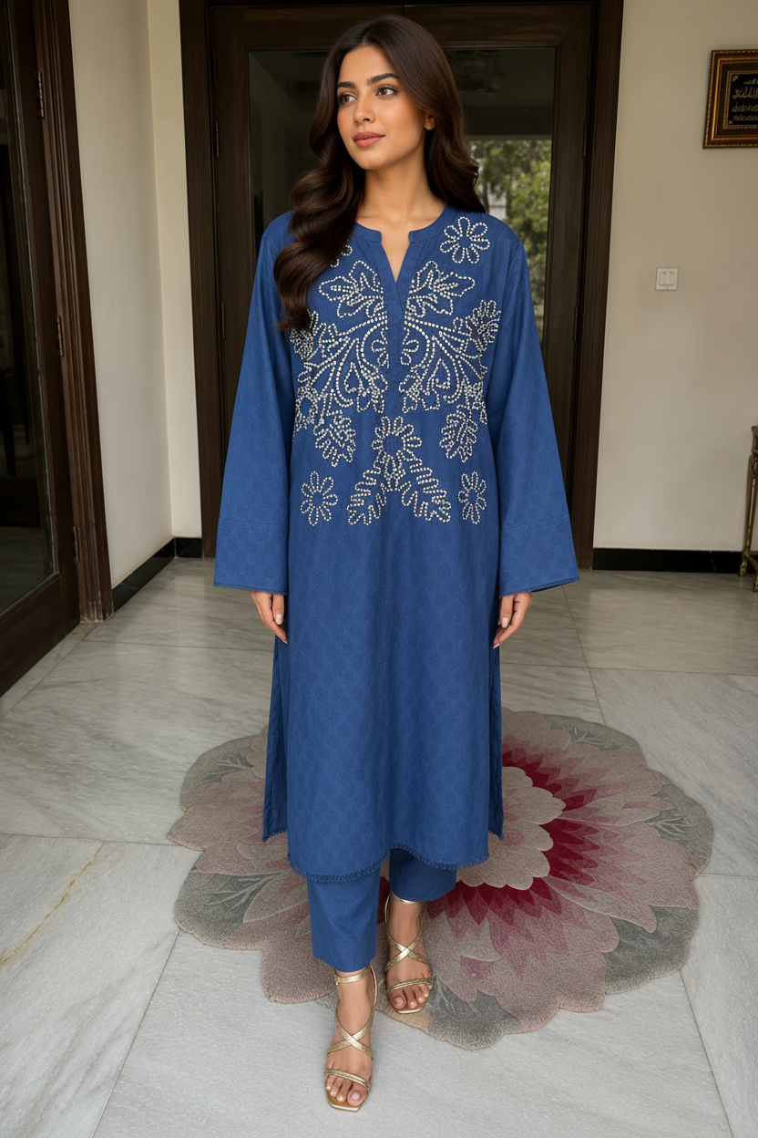 Navy Blue Embroidered Co-Ord Set for Women