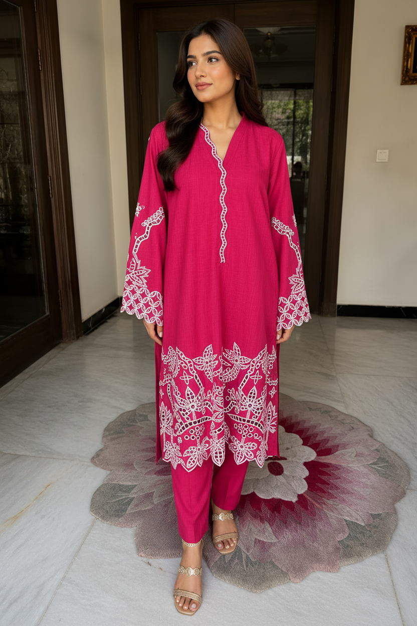 Fuchsia Pink Embroidered Co-Ord Set for Women