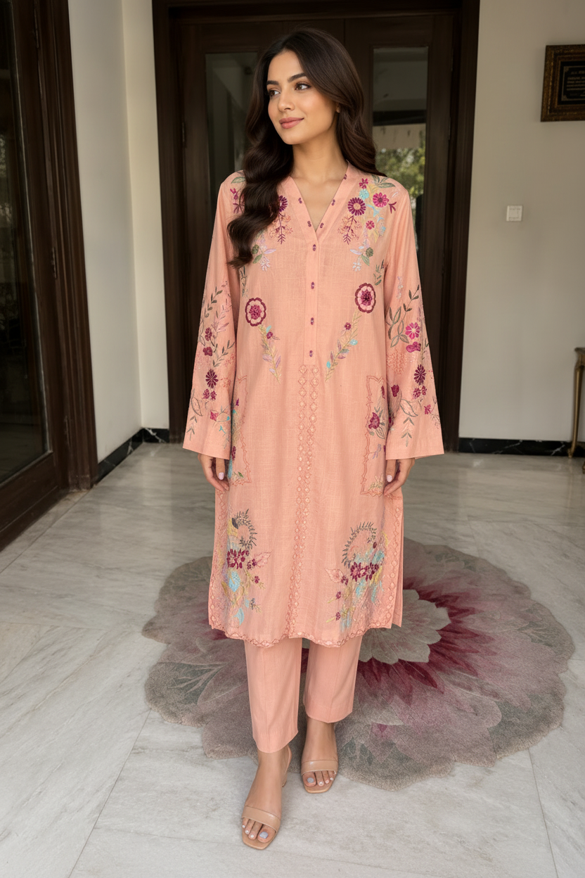 Peach Multicolor Embroidered Co-Ord Set for Women