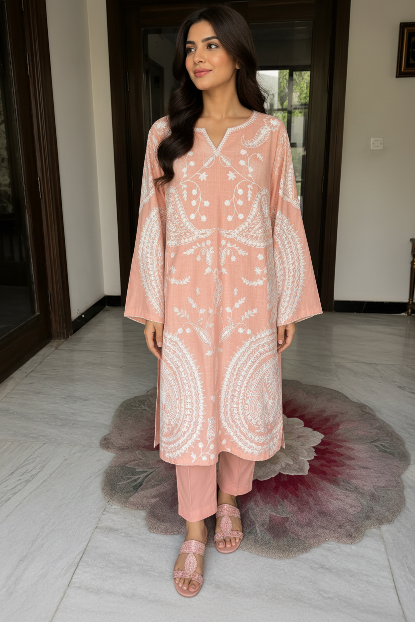 Blush Peach White Embroidered Co-Ord Set for Women