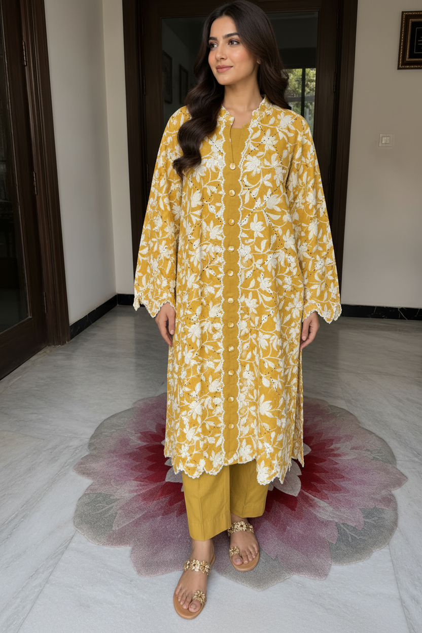 Mustard Yellow White Embroidered Co-Ord Set for Women