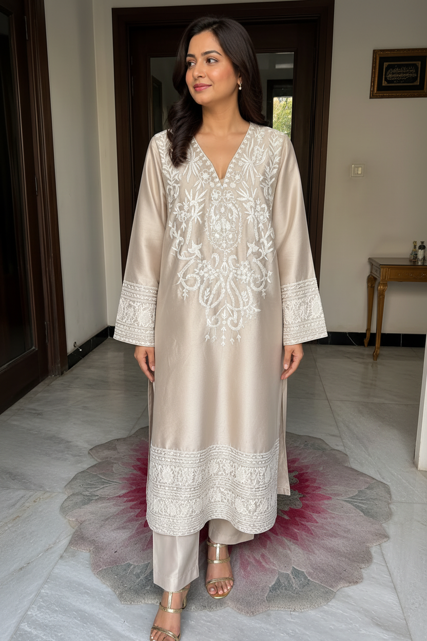 Luxury Beige Embroidered 3 Piece Suit for Women