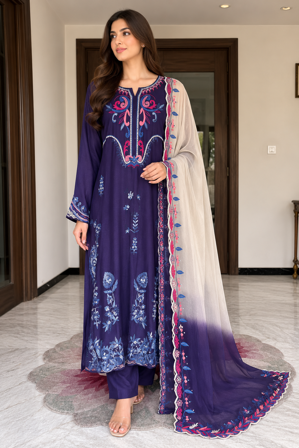 Navy Blue Embroidered 3 Piece Suit with Organza Dupatta