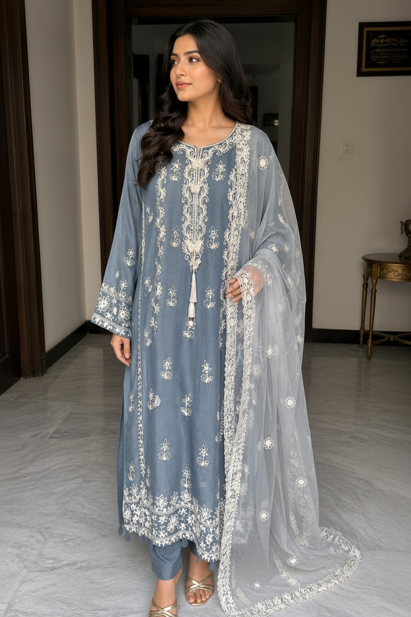 Ice Blue Embroidered 3 Piece Lawn Suit with Net Dupatta for Women