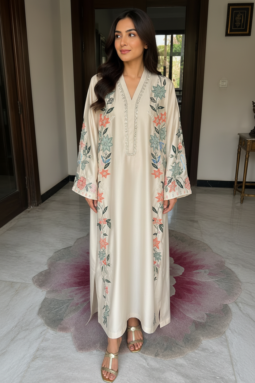 Ivory White Handworked Kaftan for Women