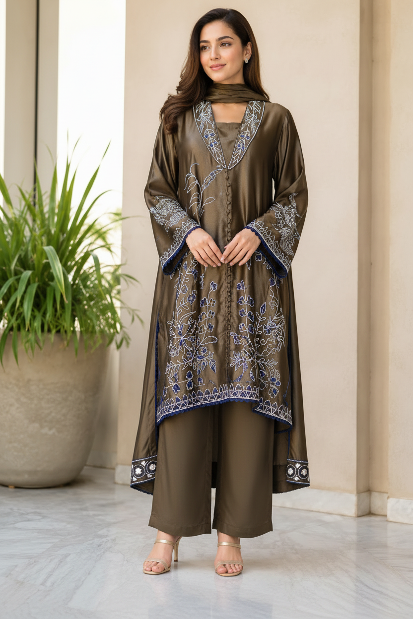 Premium Olive Brown Embroidered Sheesha Silk 3-Piece Women's Suit