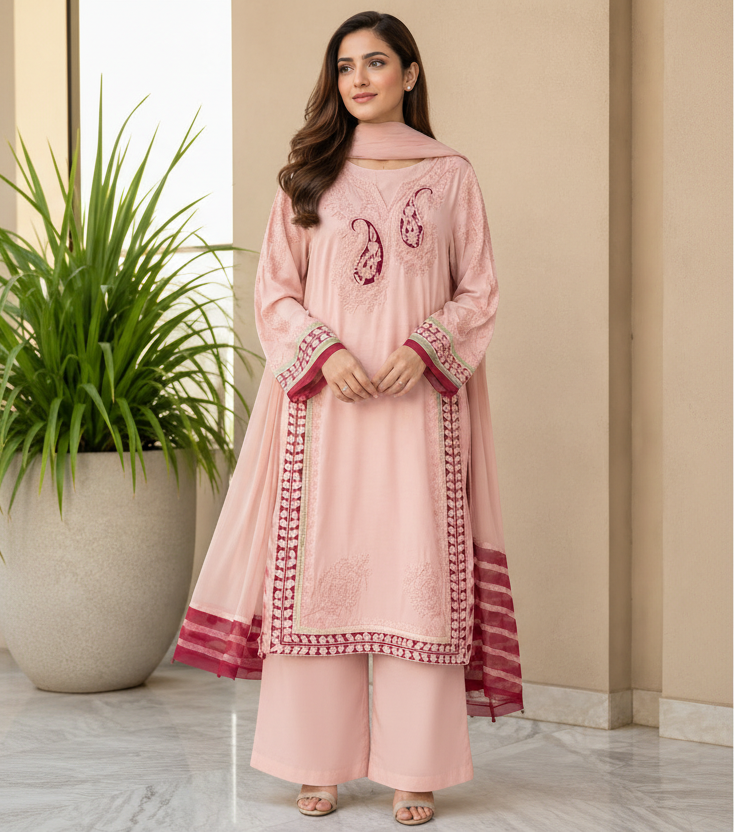 Elegant Blush Pink Embroidered 3-Piece Cotton Net With Organza  Dupatta for Women