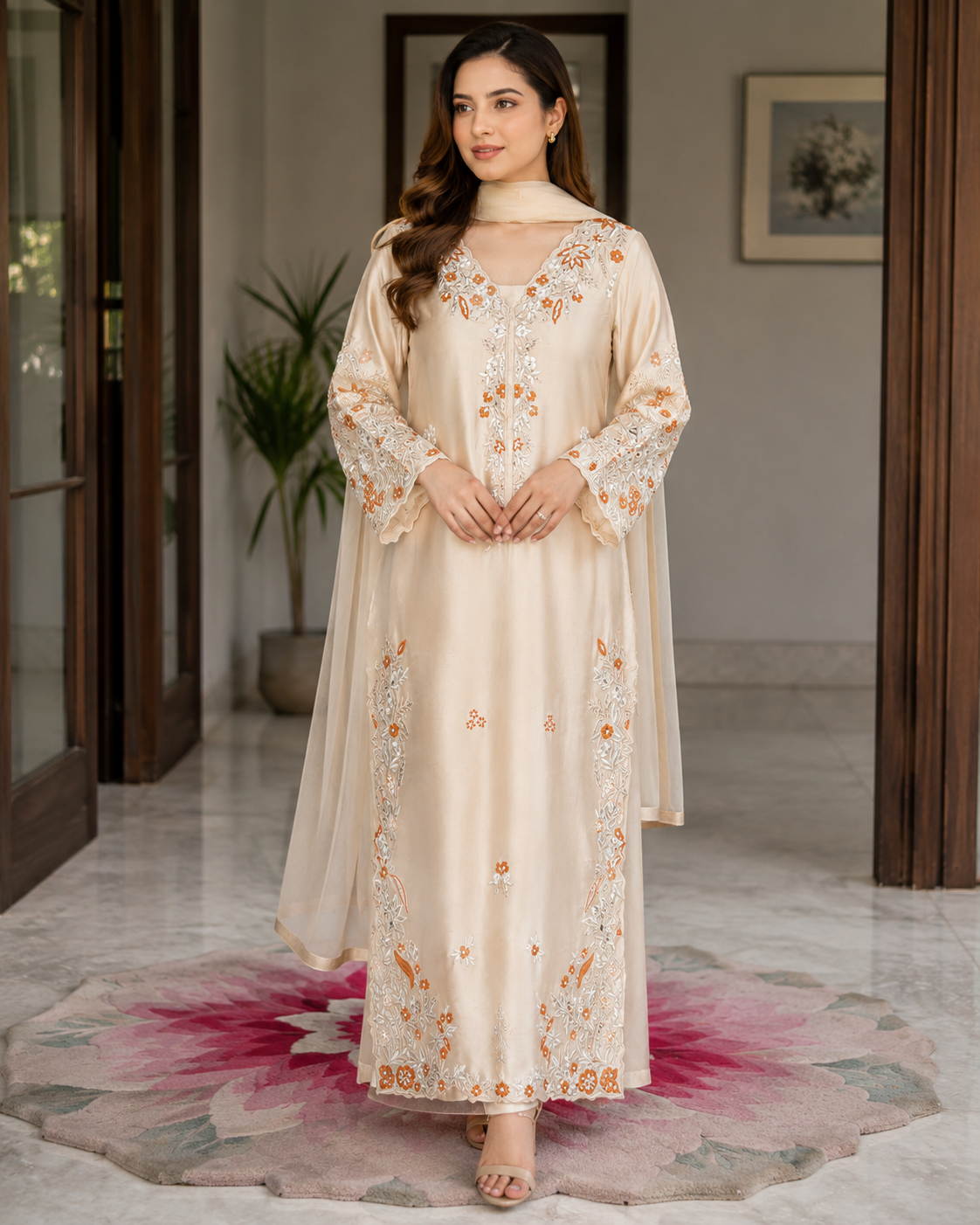 Luxury Ivory Embroidered 3-Piece Suit for Women