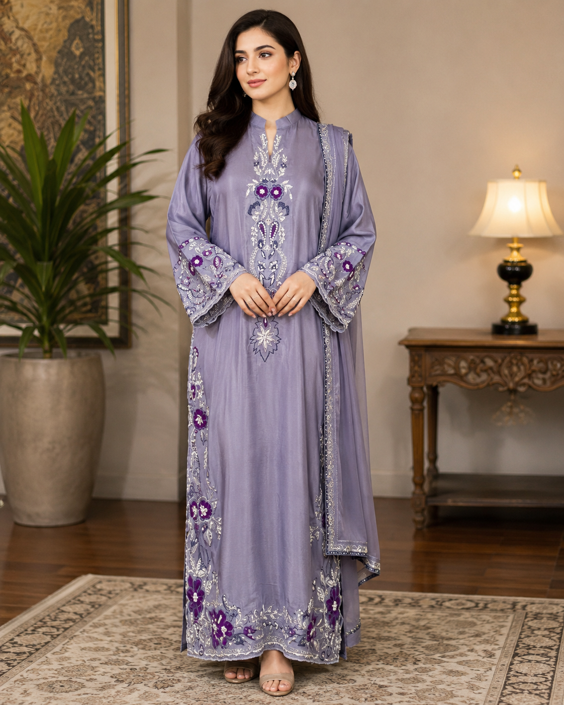 Luxury Lavender Embroidered Silk 3-Piece Kaftan for Women – Premium Pakistani Designer Formal Wear