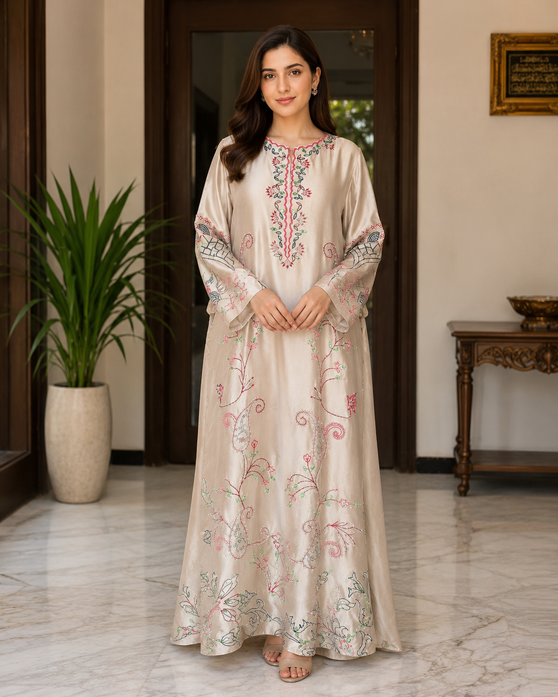 Luxury Champagne Beige Embroidered Satin Kaftan for Women – Premium Pakistani Designer Formal Wear