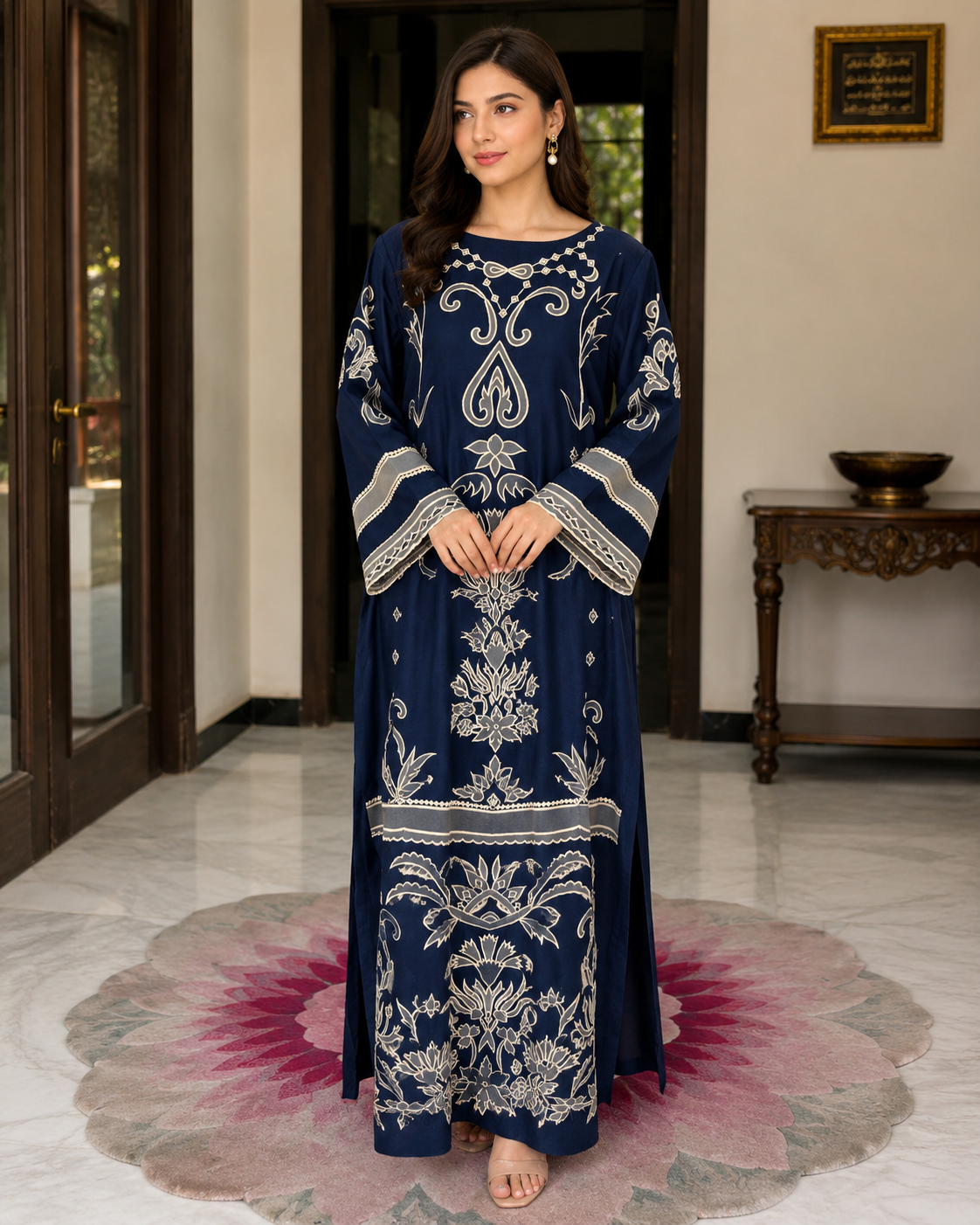 Elegant Navy Blue Embroidered Long Dress for Women – Premium Pakistani Designer Ethnic Wear
