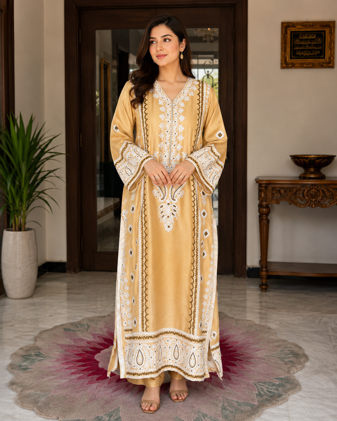 Luxury Mustard Yellow Embroidered Long Kurta for Women – Premium Pakistani Designer Ethnic Wear