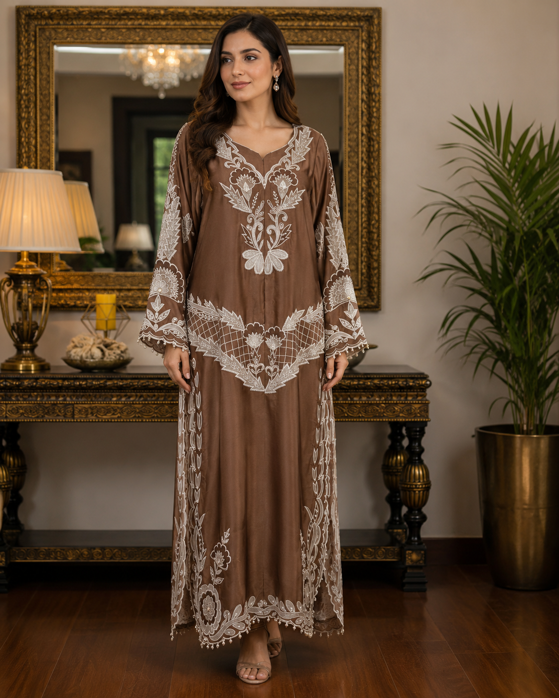 Luxury Chocolate Brown Embroidered Pure Shisha Silk for Women – Premium Pakistani Designer Formal Wear