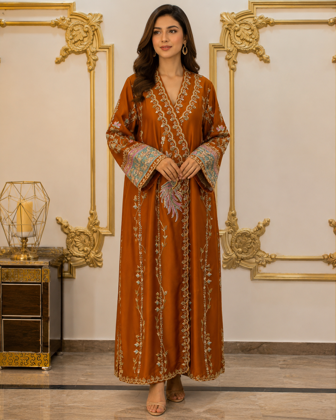 Luxury Rust Orange Embroidered Angrakha Pure Cotton Net for Women – 3 Piece