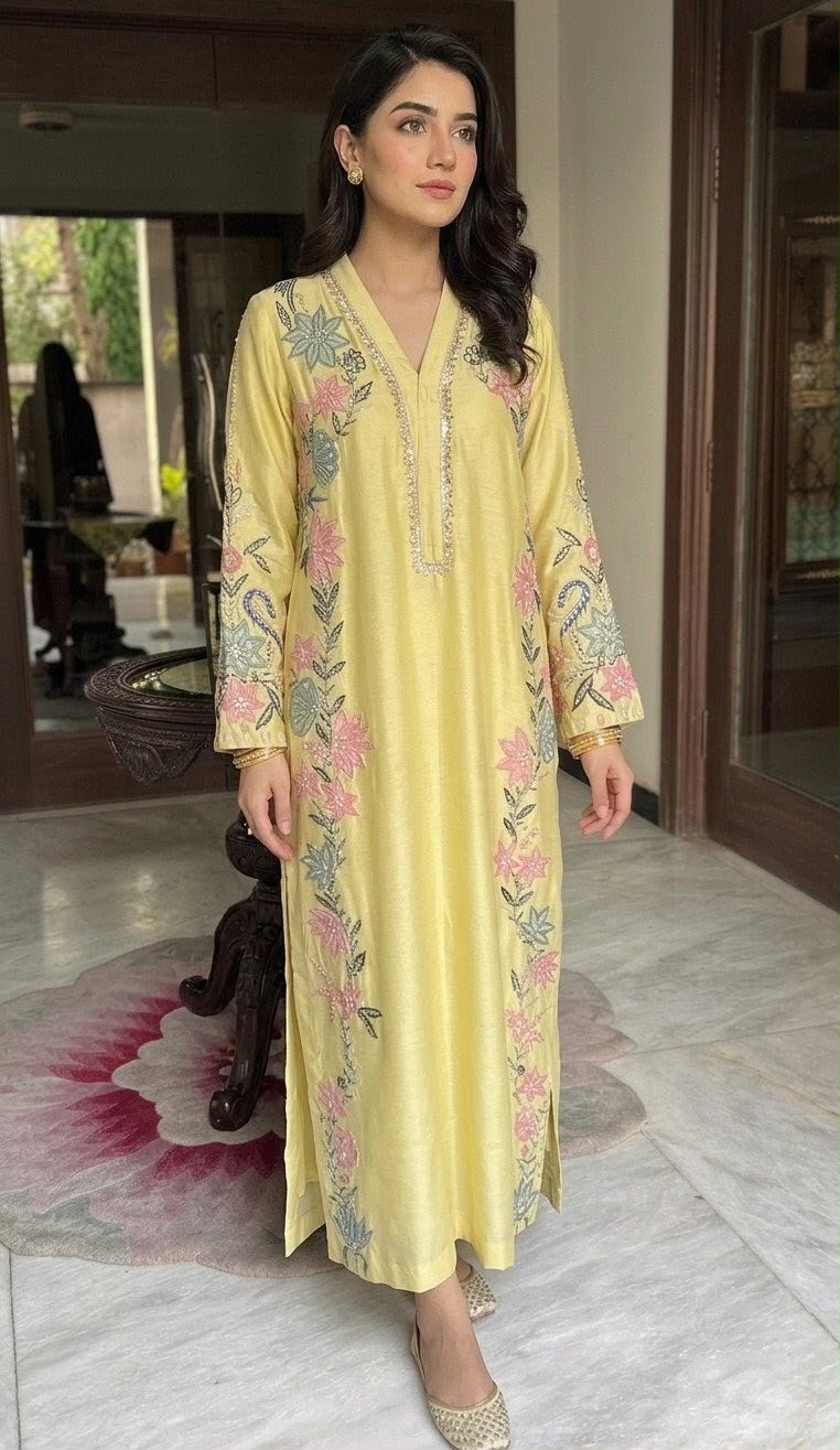Pastel Yellow Floral Embroidered Kaftan for Women – Elegant Pakistani Festive & Formal Wear