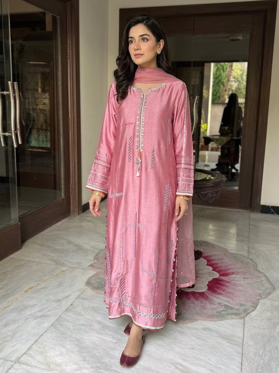 Blush Pink Embroidered with Organza Dupatta with Stones and Pearls