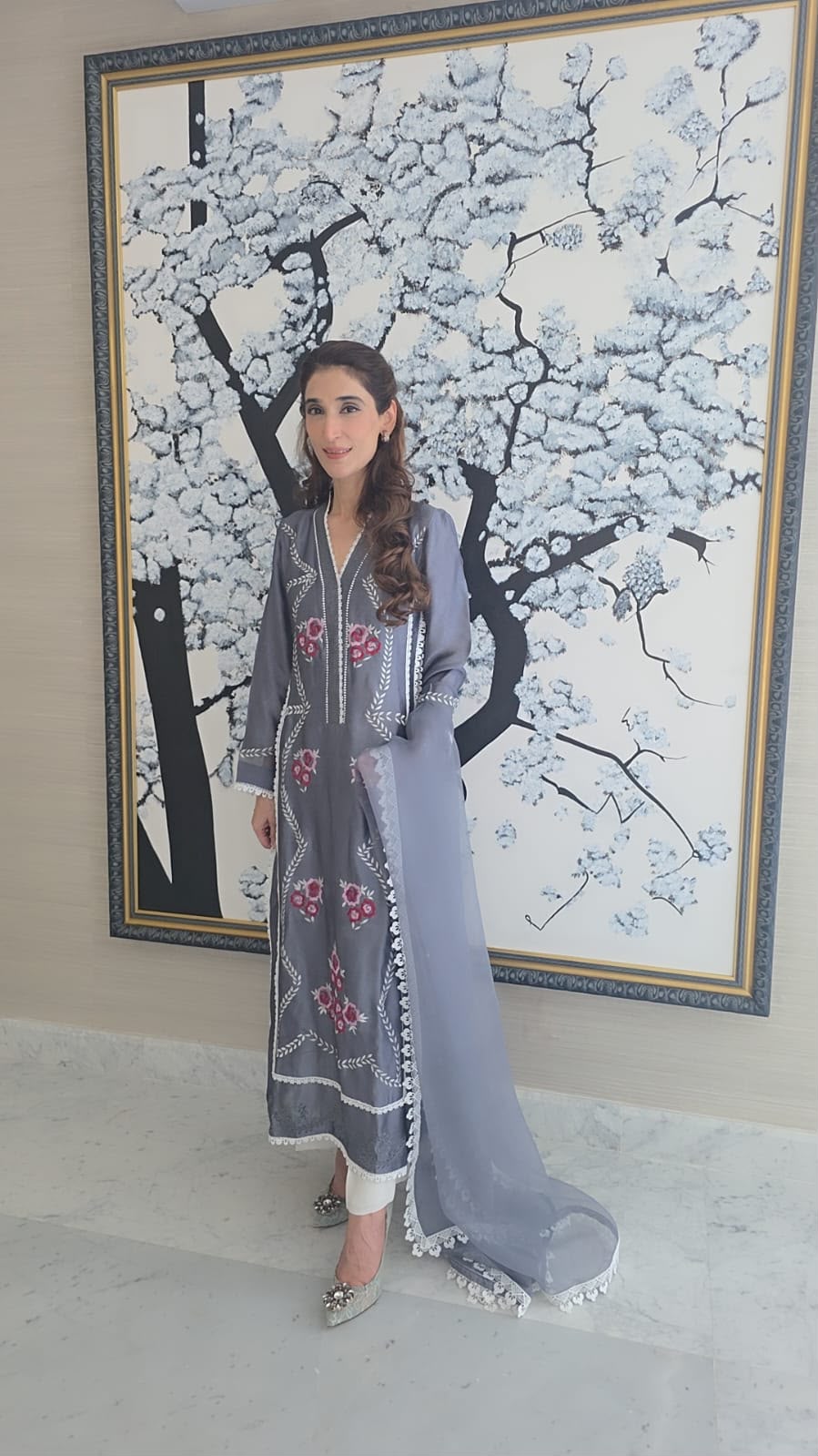 Luxury Grey Slit-Neck Kurti Set with Pure Shisha Silk and Organza Dupatta