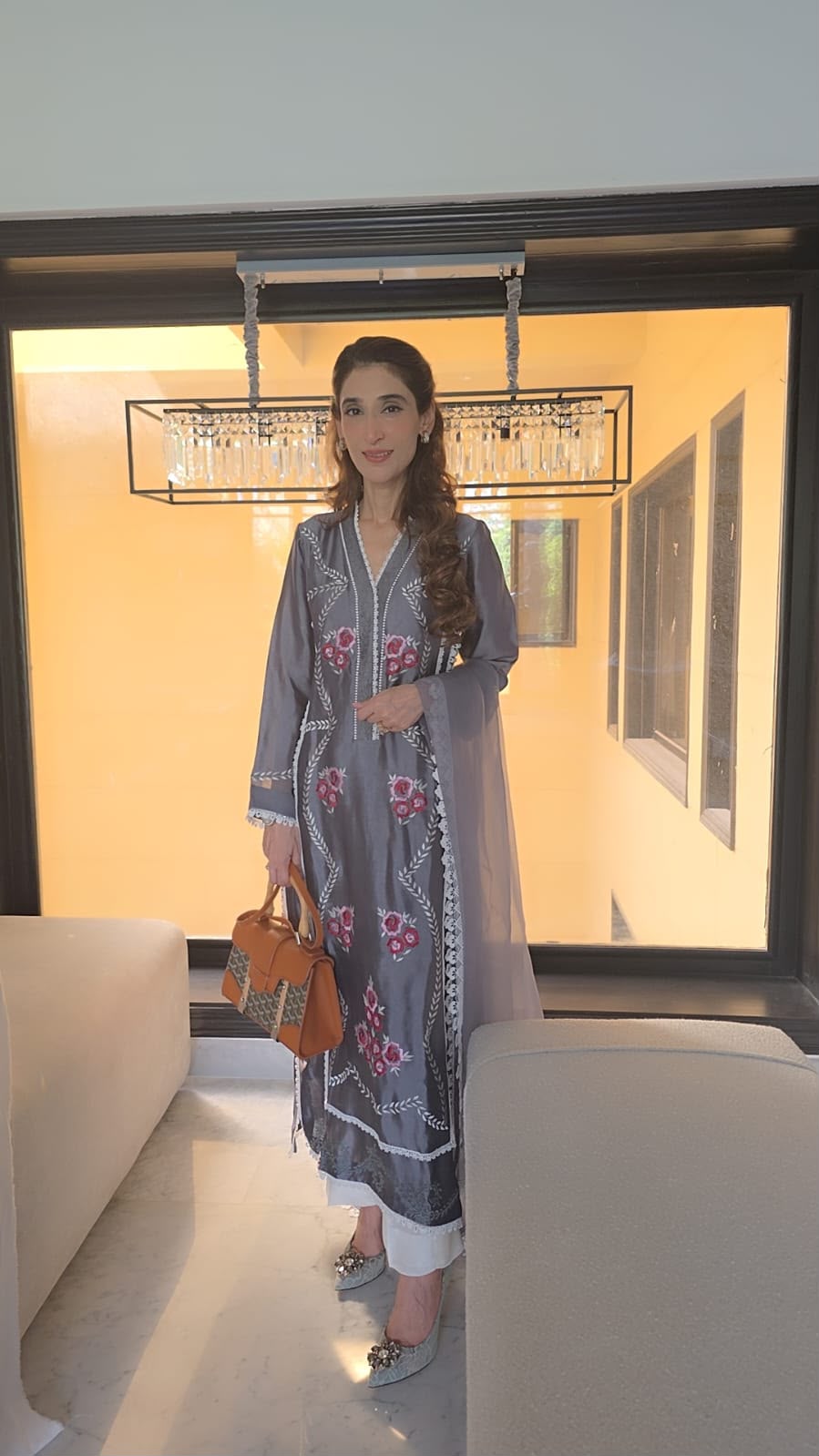 Luxury Grey Slit-Neck Kurti Set with Pure Shisha Silk and Organza Dupatta