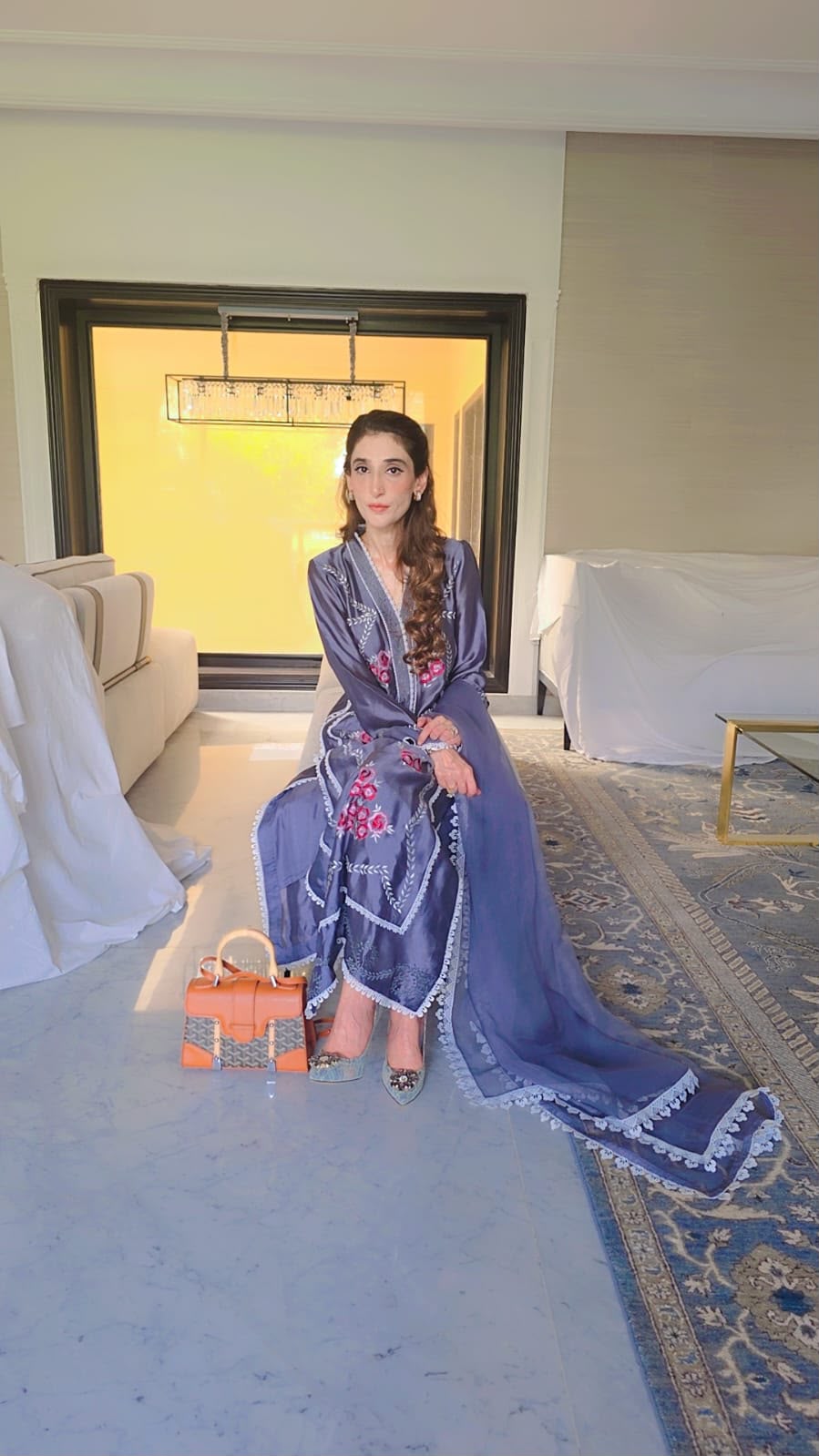 Luxury Grey Slit-Neck Kurti Set with Pure Shisha Silk and Organza Dupatta