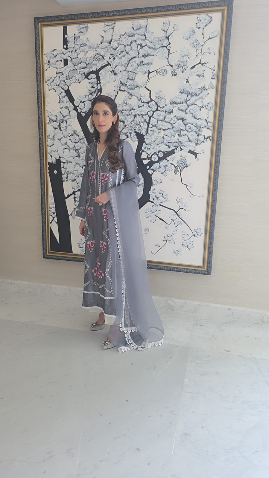 Luxury Grey Slit-Neck Kurti Set with Pure Shisha Silk and Organza Dupatta
