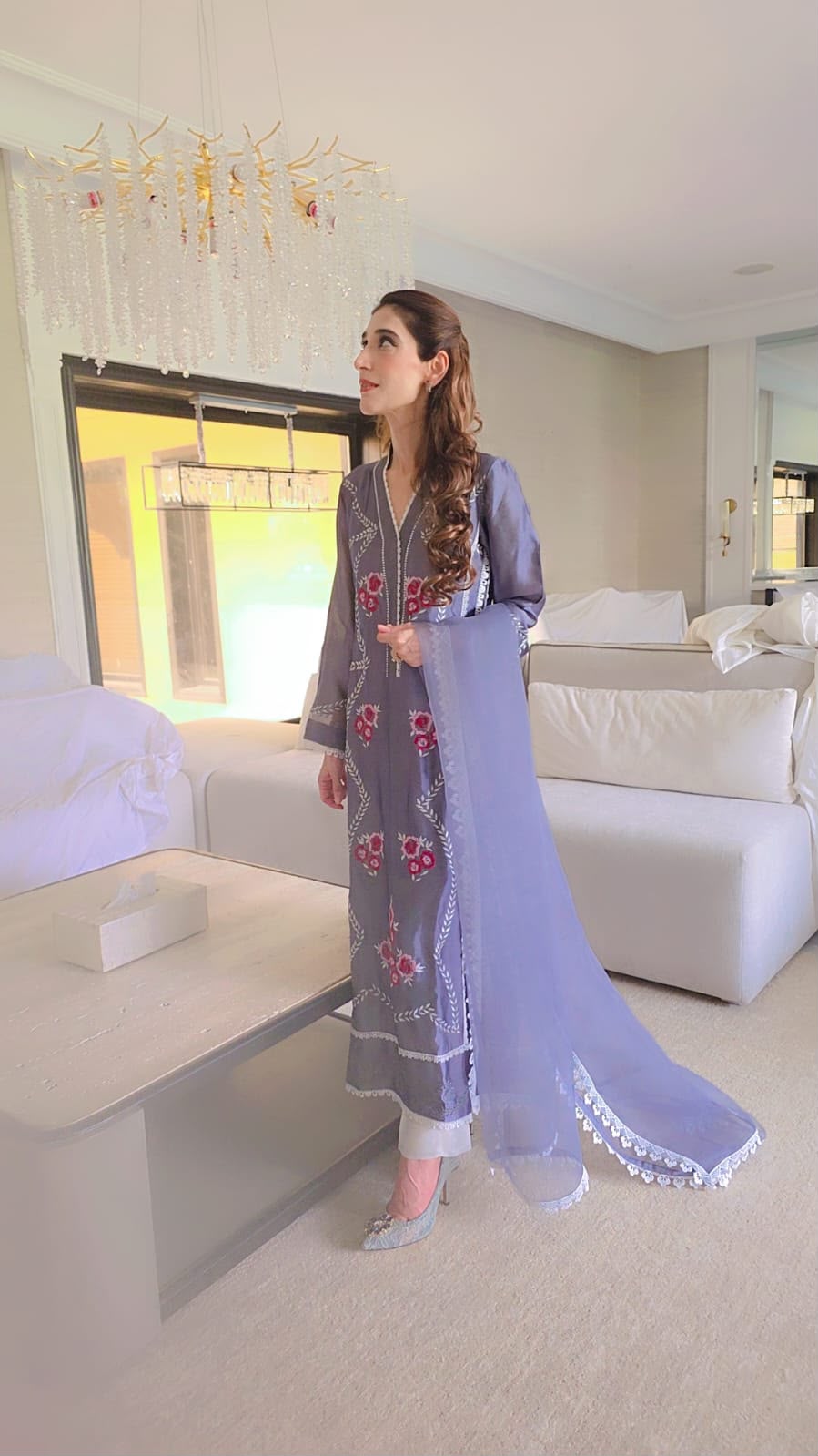 Luxury Grey Slit-Neck Kurti Set with Pure Shisha Silk and Organza Dupatta