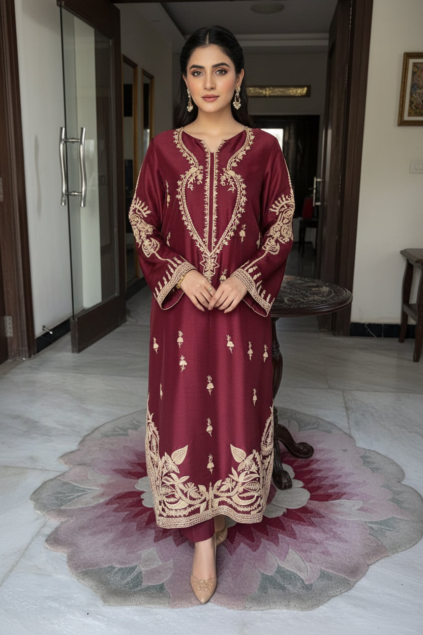 Maroon Embroidered Silk Kurti with Intricate Gold Floral Detailing