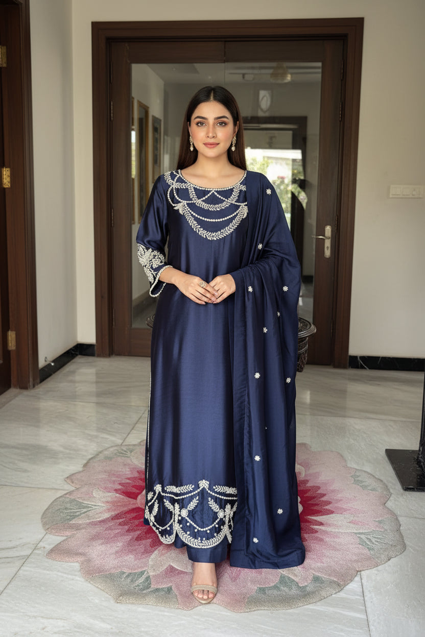 Midnight Navy Embroidered Silk Kurti with Silver Botanical Detailing