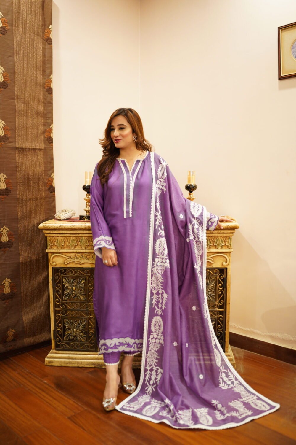 1 piece Purple Patchwork Elegance: Cotton Net Ensemble with Organza Embroidery Shirt and Seprately Embellished Dupatta - Image 3