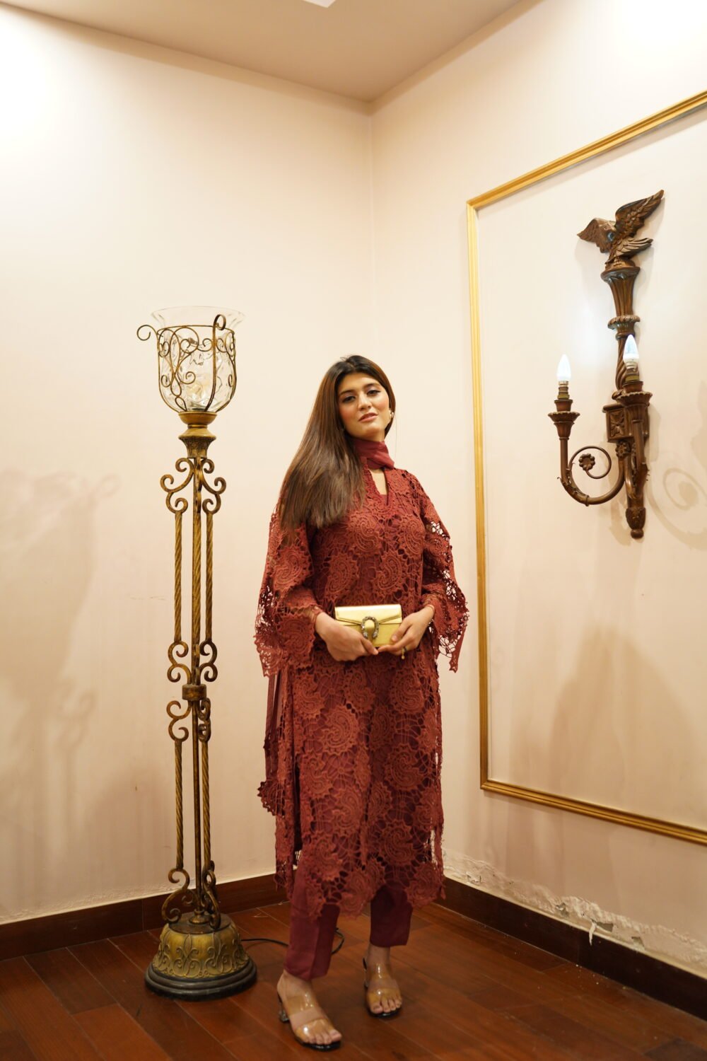 Elegant Maroon Lace Net Shirt with Intricate Cutwork and Coordinating Ensemble - Image 2