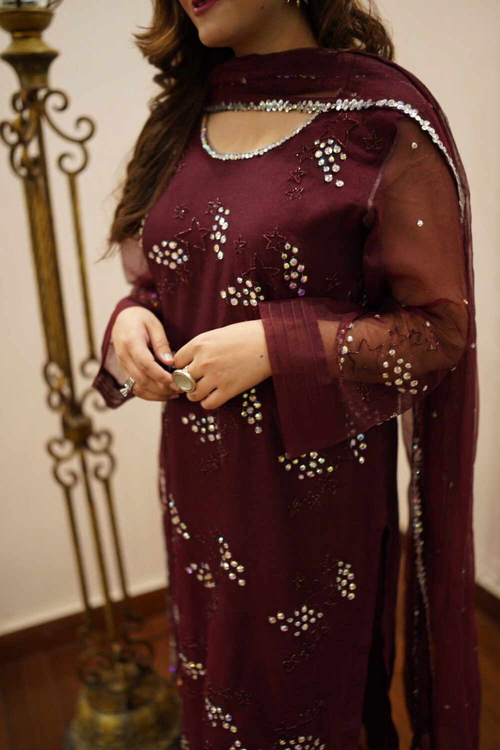 3 piece Maroon Cotton Net Shirt with Handmade Stone Motifs and Cutdana Stars - Image 3