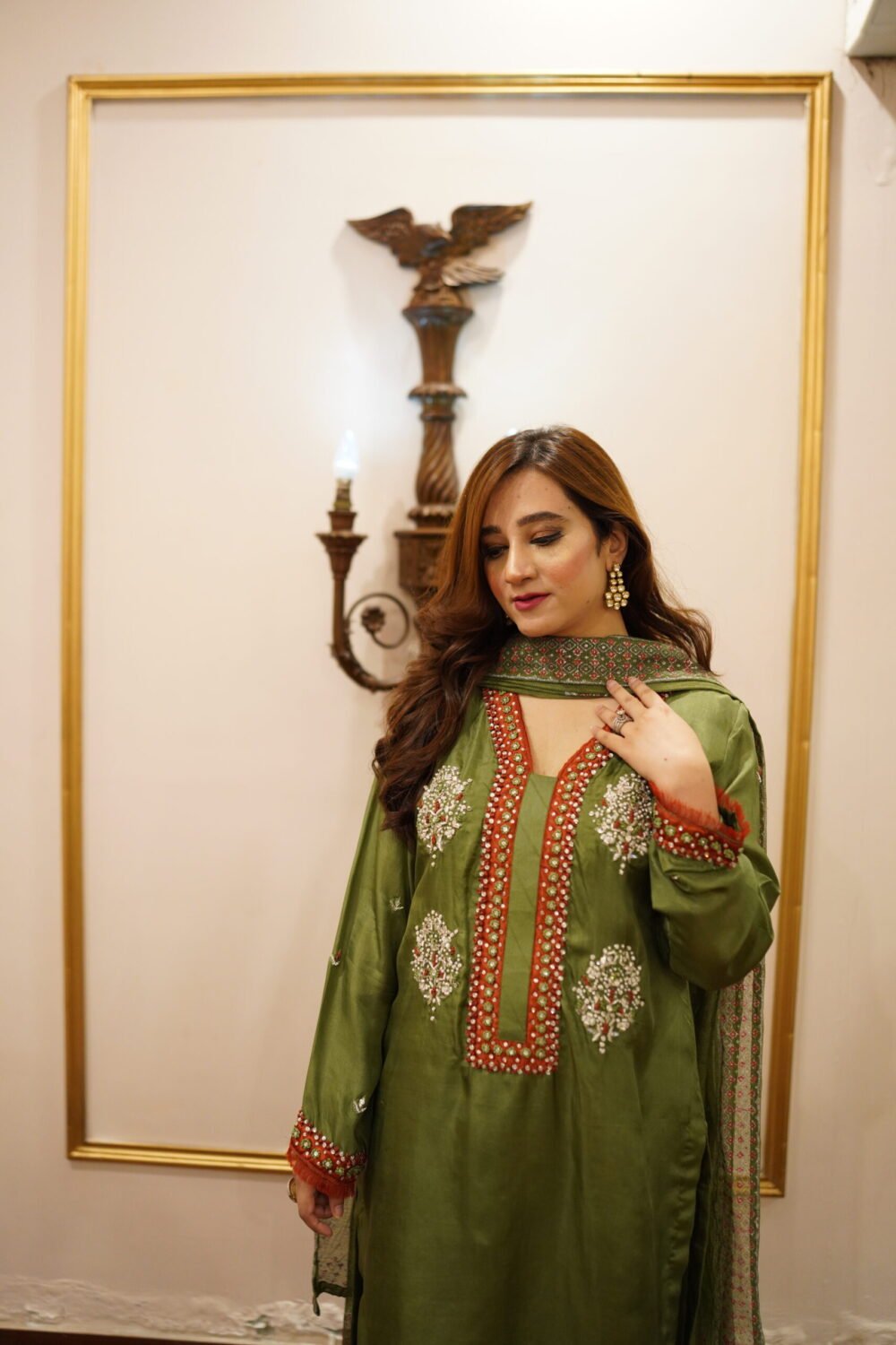 3 piece Emerald Green Silk Ensemble with Handwork and Printed Dupatta - Image 2