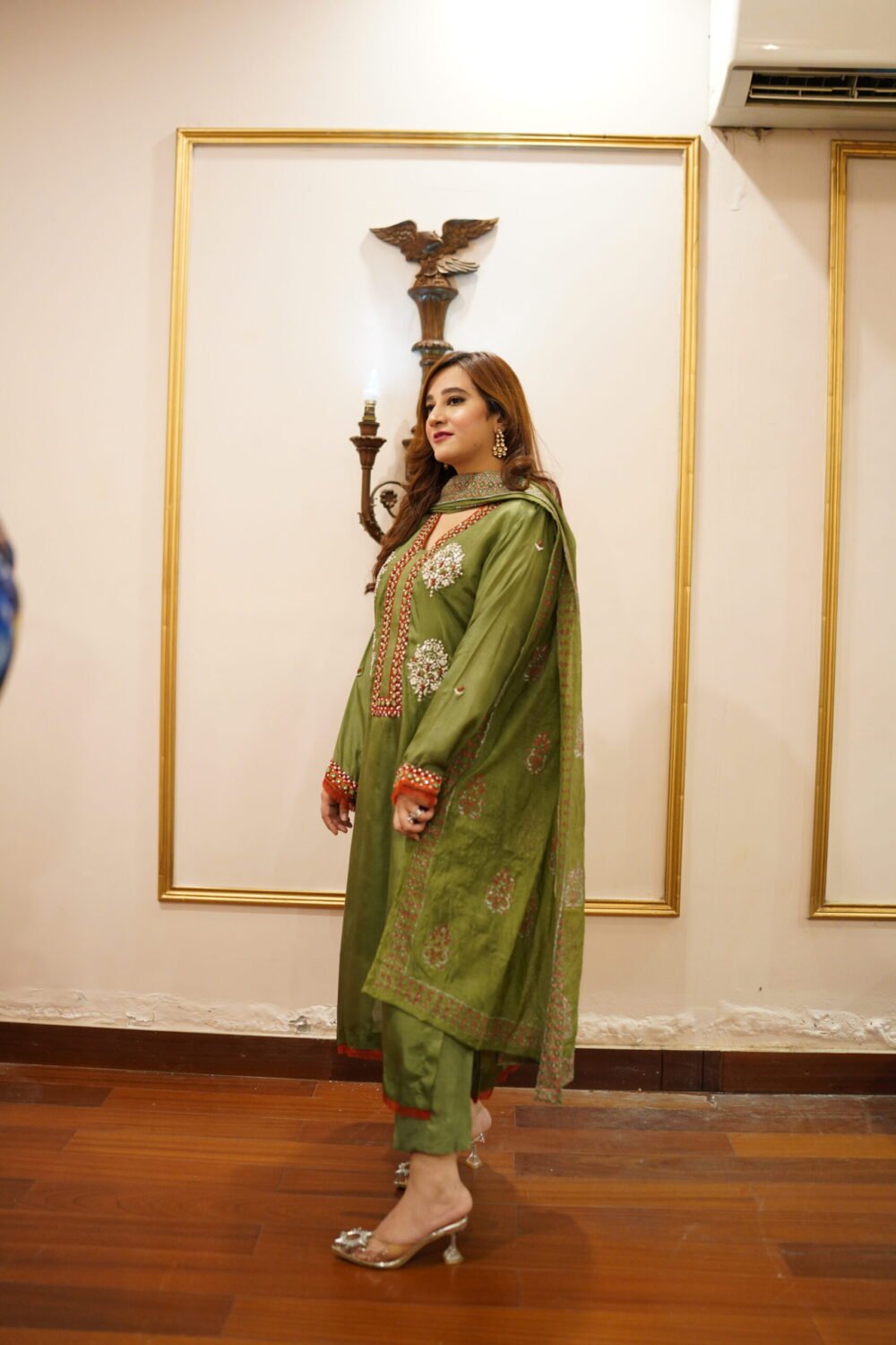 3 piece Emerald Green Silk Ensemble with Handwork and Printed Dupatta - Image 3