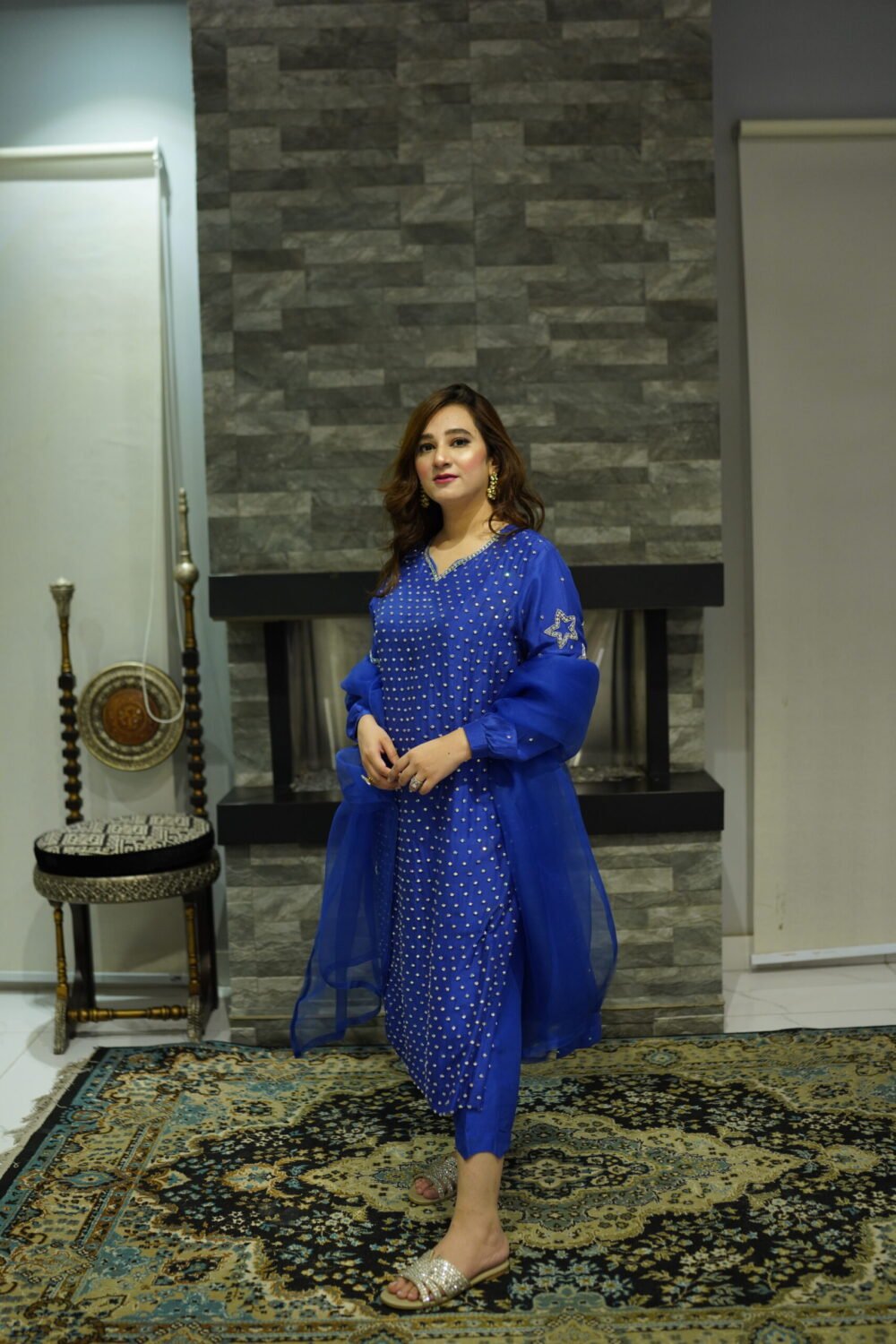 3 piece Sapphire Elegance: Hand-Embellished Blue Raw Silk Ensemble with Organza Dupatta - Image 2