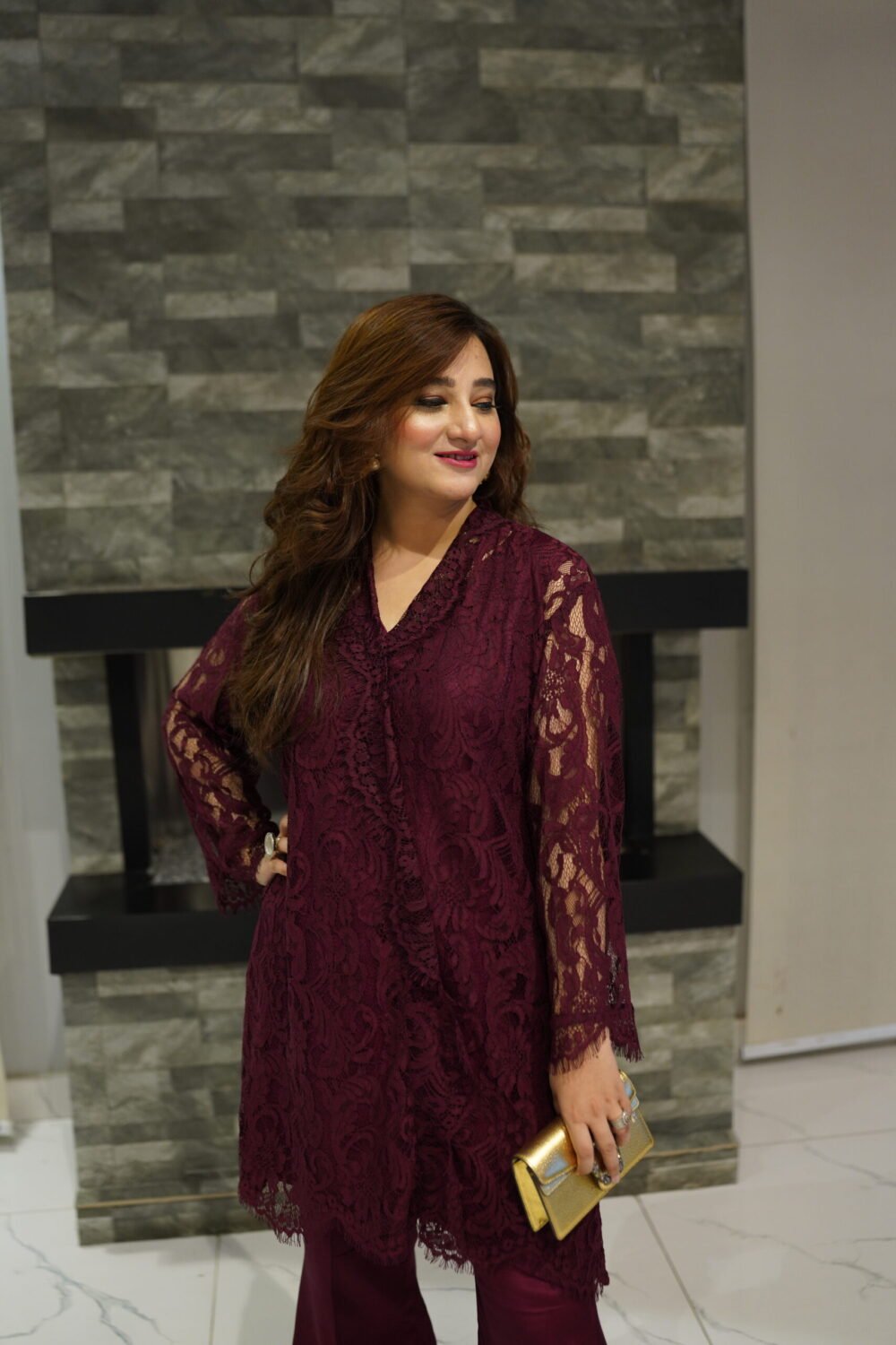 3 piece Maroon Lace Elegance: Shantilly Lace Shirt with Raw Silk-Finished Trouser - Image 2