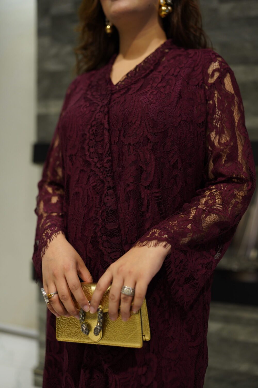 3 piece Maroon Lace Elegance: Shantilly Lace Shirt with Raw Silk-Finished Trouser - Image 3