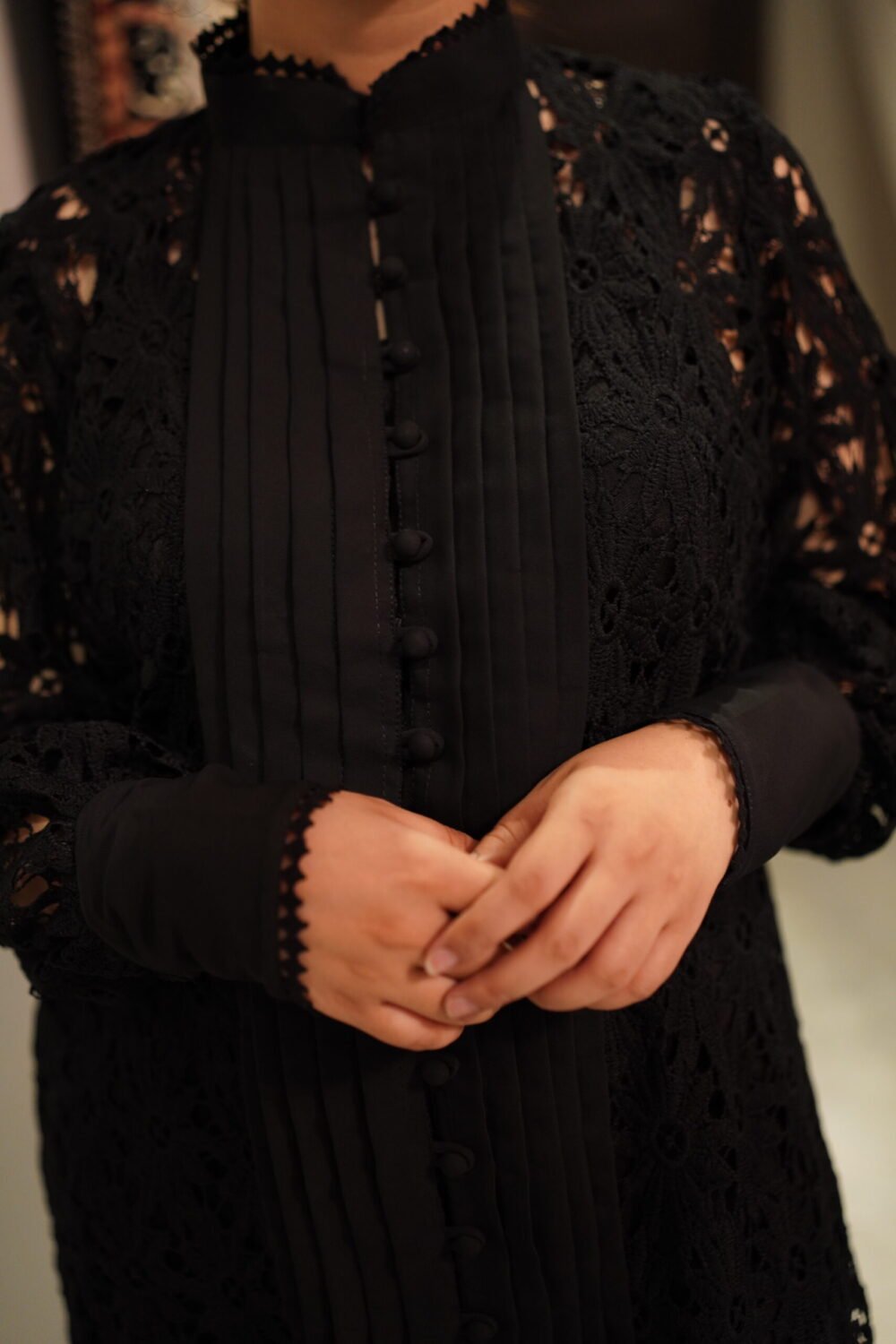 1 piece Black Lace Elegance: Sophisticated Shirt Only with Delicate Pleats and Button Detail - Image 3