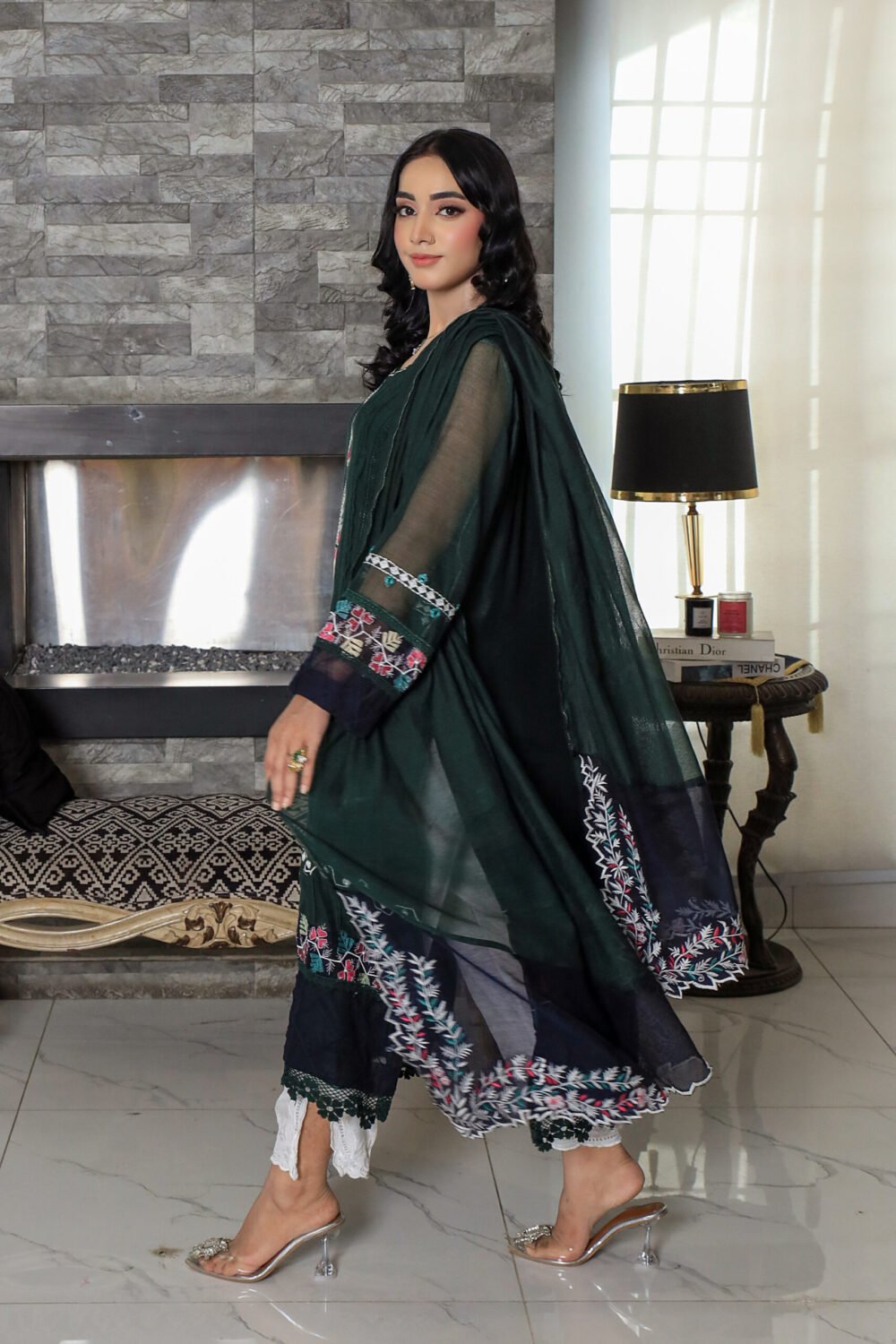 2 piece Emerald Green Elegance: Cotton Net Shirt with Intricate Embroidery and Lace Accents - Image 3